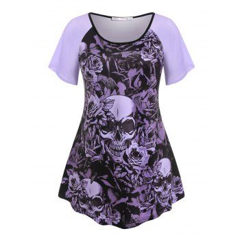 

Plus Size Raglan Sleeve Skull Floral Print Tee, Multicolor