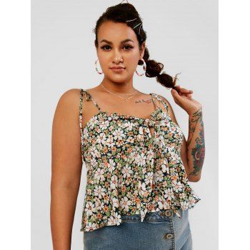 

Floral Knotted Tie Shoulder Plus Size Cami Top, Green