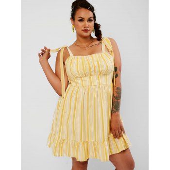 

Plus Size Tie Shoulder Striped Flounced Mini Dress, Yellow