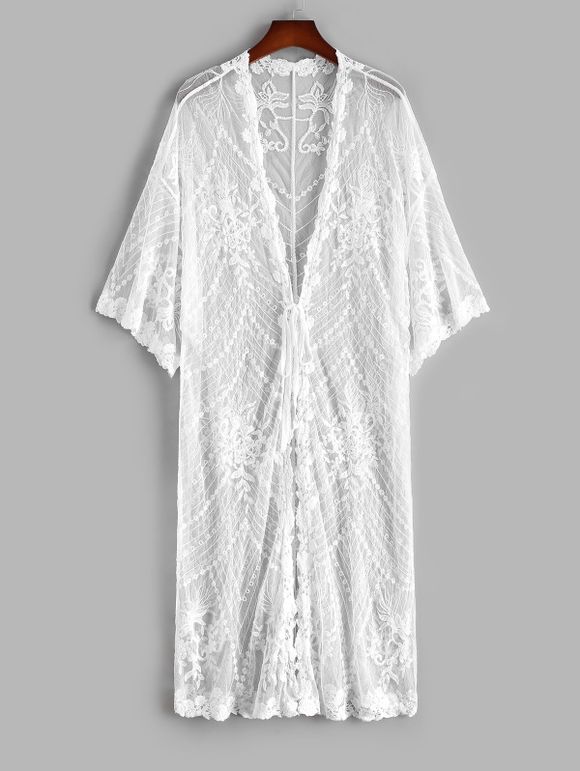 Robe Couverture Fleur Brodée Nouée en Avant à Goutte Epaule en Maille - Blanc ONE SIZE