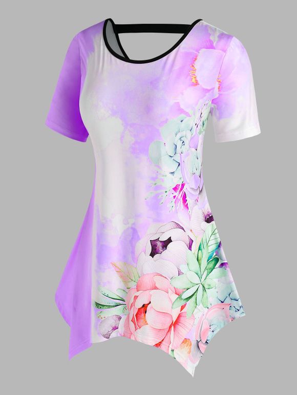 T-shirt Découpé à Imprimé Fleur de Grande Taille - Violet clair 4X