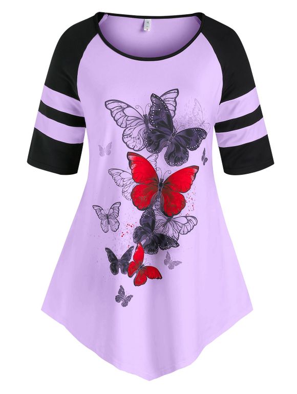 T-shirt Long à Imprimé Papillon à Manches Raglan de Grande Taille - Violet clair L