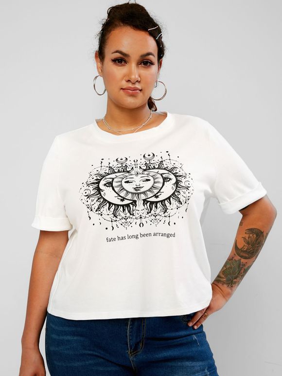 T-shirt à Imprimé Soleil de Grande Taille à Revers - Blanc L