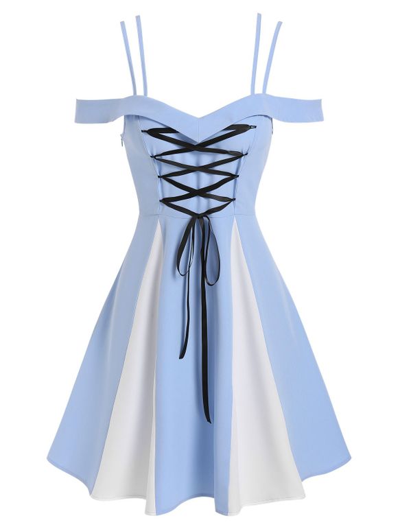 Cold Shoulder Lace-up Front Contrast Dress - BLUE M