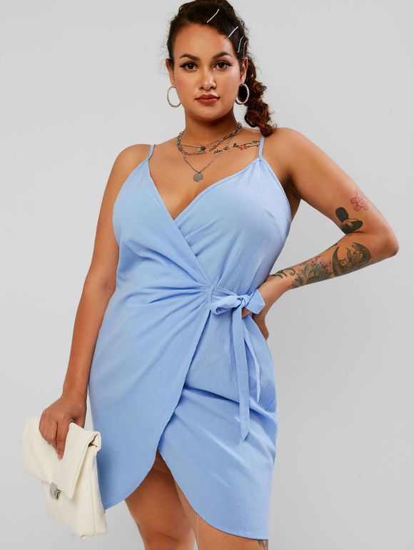 Mini-robe Enveloppante sans Manches - Bleu clair 4XL