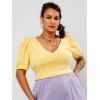 Haut Côtelé Brodé Floral à Manches Bouffantes Grande Taille - Jaune clair 4XL