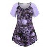 T-Shirt à Manches Raglan à Imprimé Crâne et Fleurs Grande-Taille - multicolor 1X