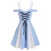 Cold Shoulder Lace-up Front Contrast Dress - BLUE L
