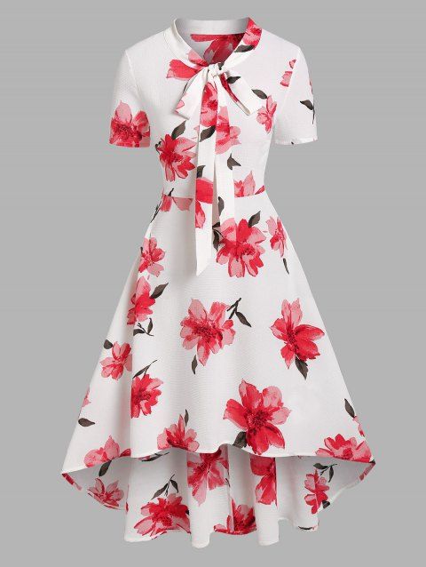 Robe Mi-longue Évasée avec Nœud Papillon sur le Devant Motif Fleurs