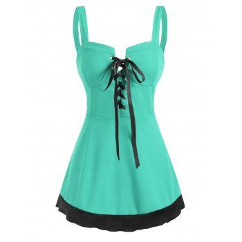 

Colorblock Lace Up Sweetheart Tank Top, Green