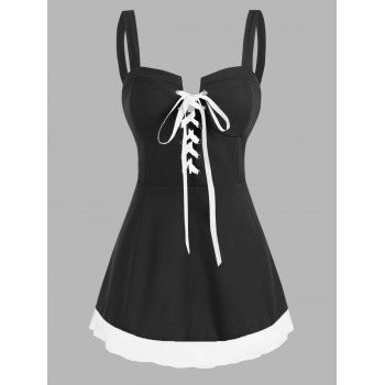 

Colorblock Lace Up Sweetheart Tank Top, Black