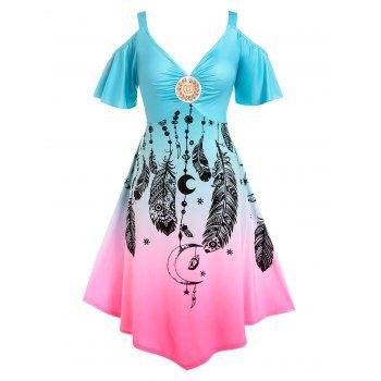 

Plus Size Cold Shoulder Ombre Color Feather Print Dress, Light blue