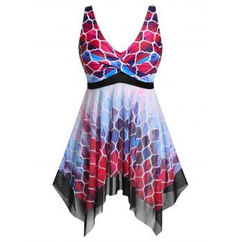 

Plus Size Mesh See Thru Printed Handkerchief Tankini Swimwear, Multicolor