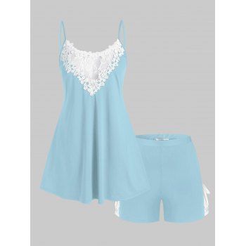 

Plus Size Lace Panel Tied Two Piece Pajama Shorts Set, Light blue