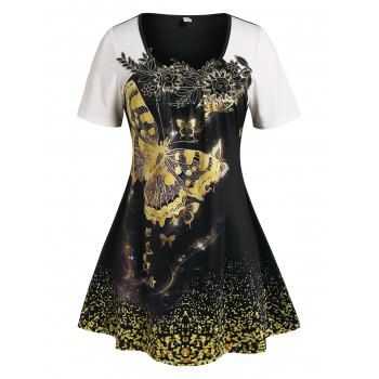 

Plus Size Flower Applique Butterfly Print Tee, Black