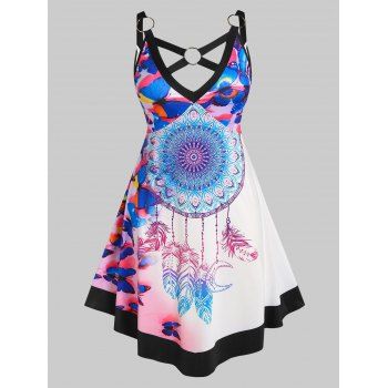 

Plus Size Cutout O Ring Butterfly Dreamcatcher Print Dress, Multicolor