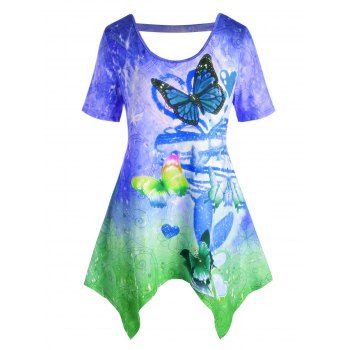 

Plus Size Butterfly Ombre Print Hanky Hem Tunic Tee, Blue