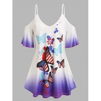 

Plus Size Cold Shoulder American Flag Butterfly Print Ombre Tee, White