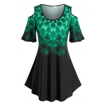 

Plus Size Cold Shoulder Feather Print T Shirt, Green