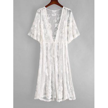 

Flower Crochet Mesh Tie Front See Thru Longline Cover Up, White