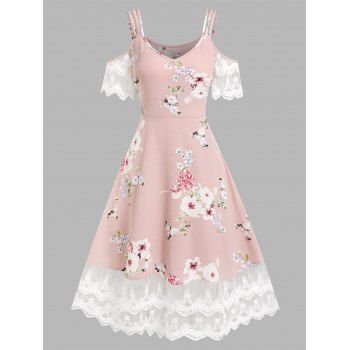 

Garden Party Dress Flower Print Midi Dress Cottagecore Cold Shoulder A Line Dress Lace Insert Strappy Dress, Light pink