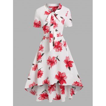 Romantic Allover Flower Print Summer High Low Bowknot Midi Dress