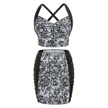 

Plus Size Criss Cross Floral Print Ruched Three Piece Tankini Swimwear, Black