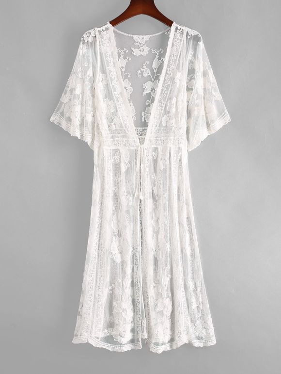 Robe Couverture Longue Au Crochet Fleur Nouée en Avant en Maille Transparente - Blanc ONE SIZE