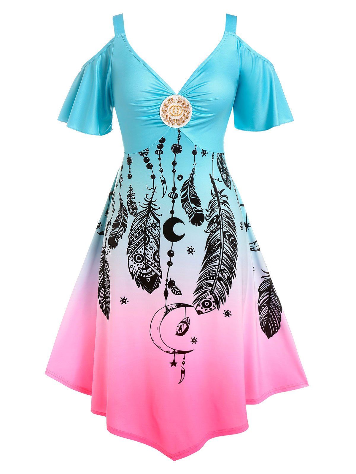 Plus Size Cold Shoulder Ombre Color Feather Print Dress - LIGHT BLUE L
