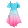 Plus Size Cold Shoulder Ombre Color Feather Print Dress - LIGHT BLUE L