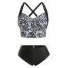 Plus Size Criss Cross Floral Print Ruched Three Piece Tankini Swimwear - BLACK 4X