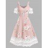 Garden Party Dress Flower Print Midi Dress Cottagecore Cold Shoulder A Line Dress Lace Insert Strappy Dress - LIGHT PINK XXXL