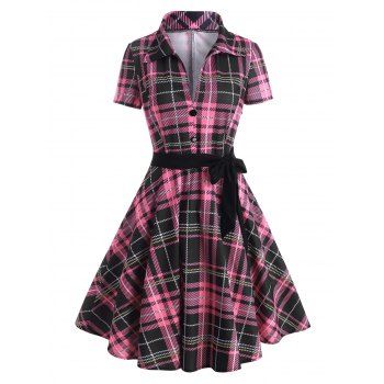 

Plaid Plunge Mock Button Belted Dress, Light pink