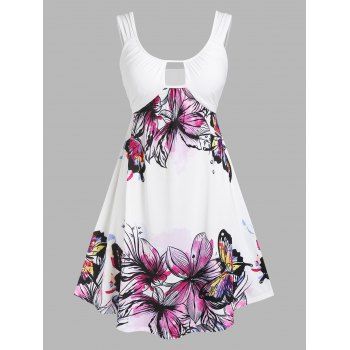 

Plus Size Butterfly Print Cutout Dress, White