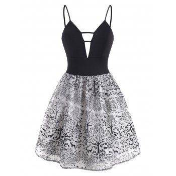 

Tree Print Ladder Cut Empire Waist Dress, Black