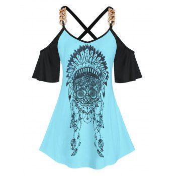 

Plus Size Cold Shoulder Crisscross Skull Print Tee, Light blue