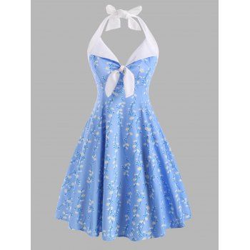 

Flower Print Halter Tied Dress, Light blue