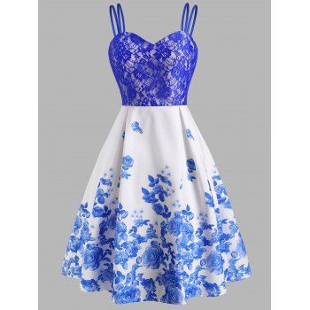 Lace Insert Flower Print Dual Strap Dress, Blue