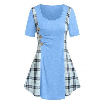 

Plus Size Plaid Contrast Short Sleeve Tunic Tee, Light blue