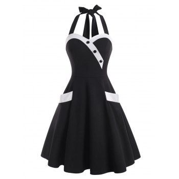 

Colorblock Halter Mock Button Pocket Dress, Black