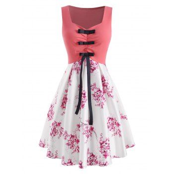 

Flower Print Bowknot Ruched Dress, Light pink
