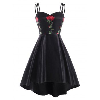 

Flower Embroidered High Low Lace Insert Dress, Black