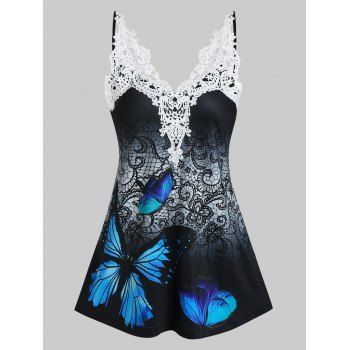 

Flower Butterfly Print Lace Insert Tank Top, Black