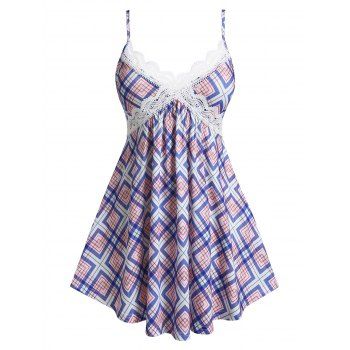 

Plus Size Geometric Plaid Print Guipure Lace Cami Top, Blue