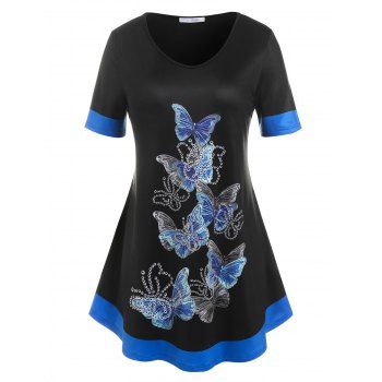 

Plus Size Butterfly Print Colorblock Tee, Black