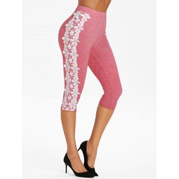 

High Waisted Lace Panel Knee Length Leggings, Light pink