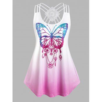 

Plus Size Butterfly Print Strappy High Low Tank Top, White