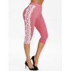 Legging Longueur à Genou Panneau en Dentelle à Taille Haute - Rose clair L