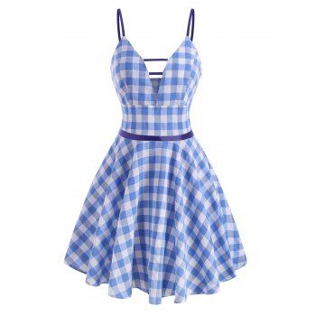 

Classic Plaid Ladder Cutout Plunge Cami Flare Swing Dress, Light blue