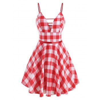 

Classic Plaid Ladder Cutout Plunge Cami Flare Swing Dress, Red